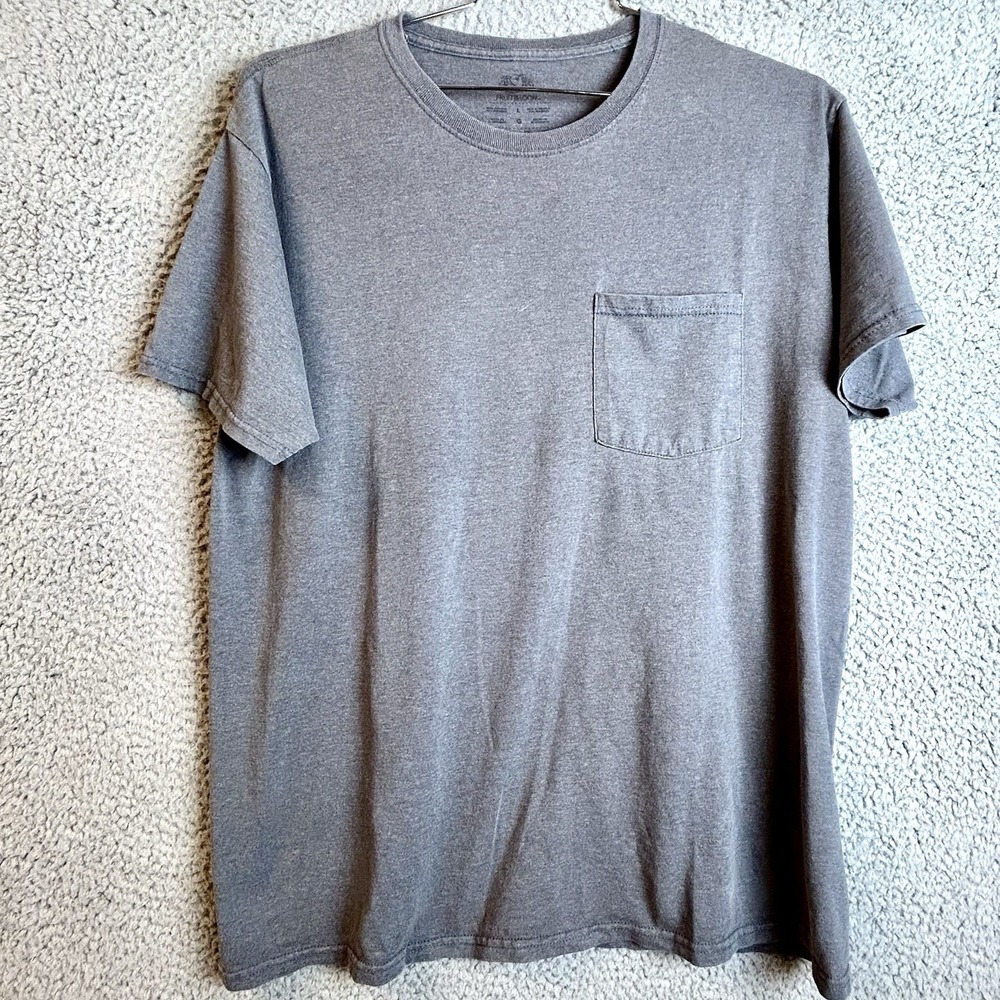Vintage Faded Gradient Fruit of the Loom Pocket T Shirt Large y2k work Gray